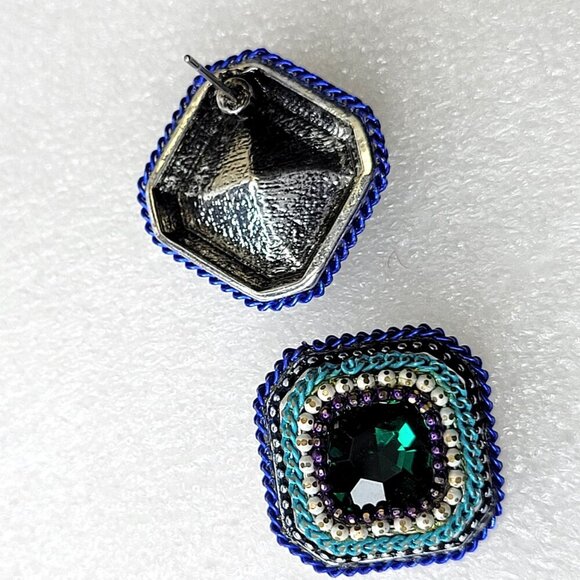 Blue Green Teal Square Earrings - Picture 3 of 5